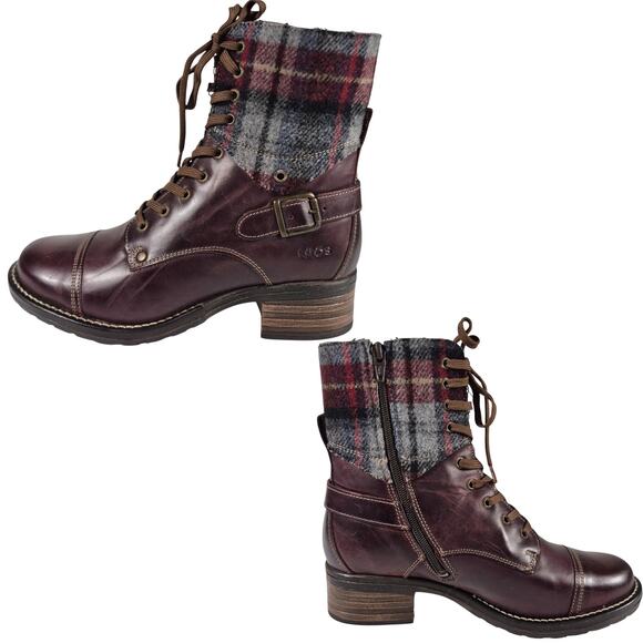 Taos Crave Brown Leather Bordeaux Red Plaid Lace Zip Buckle Boots NWOT 8 8 1/2 - Picture 1 of 4